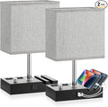 Kakanuo Fully Dimmable Bedside Lamps for Bedroom with USB C Ports, Grey USB Table Lamp Set of 2, Wooden Desk Lamp with 2 Charging Outlets and Phone Stand for Nightstand and Living Room, Bulb Included