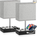 Kakanuo Fully Dimmable Bedside Lamps for Bedroom with USB C Ports, Grey USB Table Lamp Set of 2, Wooden Desk Lamp with 2 Charging Outlets and Phone Stand for Nightstand and Living Room, Bulb Included