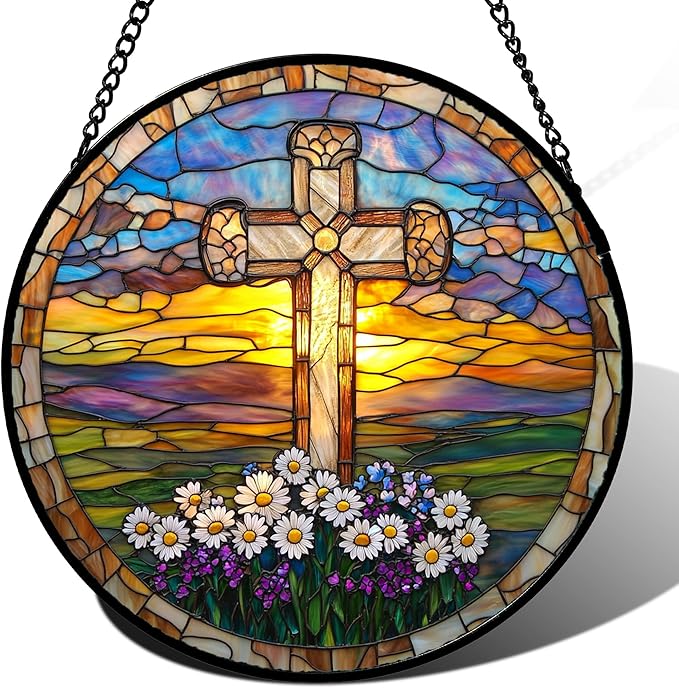 Christian Gifts for Women - Cross Stained Glass Window Hanging Jesus Easter Daisy Grassland Sunset Sun Catcher Garden Religion Decor Mother's Day Catholic Gift for Men Grandma Nana Her 9.8"