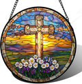 Christian Gifts for Women - Cross Stained Glass Window Hanging Jesus Easter Daisy Grassland Sunset Sun Catcher Garden Religion Decor Mother's Day Catholic Gift for Men Grandma Nana Her 9.8"
