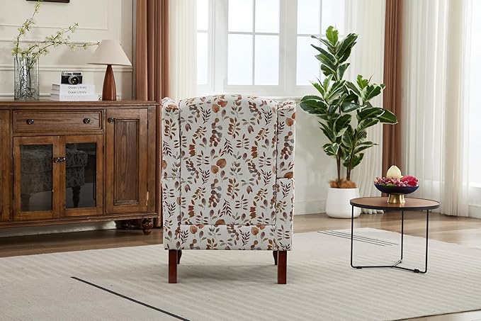 KEIKI Floral Accent Chair for Living Room - Sophisticated Vintage Charm with Classic Wood Legs, Elegant Upholstered Armchair