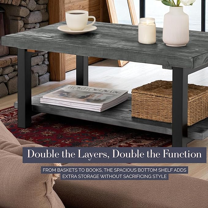 Pomona 2-Tier Rectangular Coffee Table - 42-Inch Reclaimed Wood Top with Lower Shelf Storage and Metal Legs - Farmhouse Rustic Industrial Style Living Room & Office Furniture (Slate Gray)