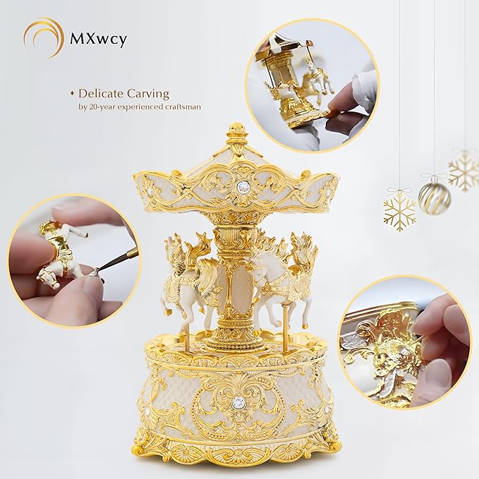 Carousel Music Box Gold & Ivory 8.7" Rotate Christmas Music Box for Kids & Adults, Classic Wind up Cylinder Music Box Birthday Gifts for Women Girls Mom, Carousel Horse Musical Lantern Home Room Decor