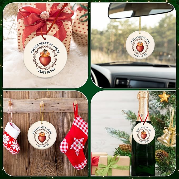 FLAGWIX Christmas Christian Gifts for Women Men - Sacred Heart Ceramic Christmas Ornaments 2025 for Xmas Decorations - Religious Gifts for Women, Religious Ornaments, Spiritual Christian Gift Ideas