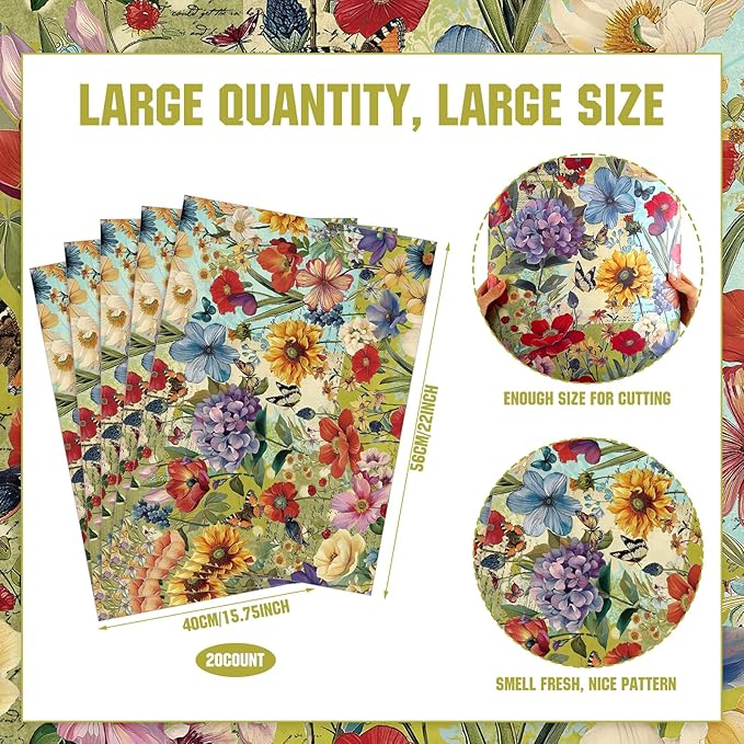 BBTO 20 Sheet Scented Drawer Liners for Dressers 15.8" x 22" Scented Fragrant Cabinet Paper Liners Non Adhesive Drawer Paper Mats for Bedroom Home Closet Shelves(Flower)