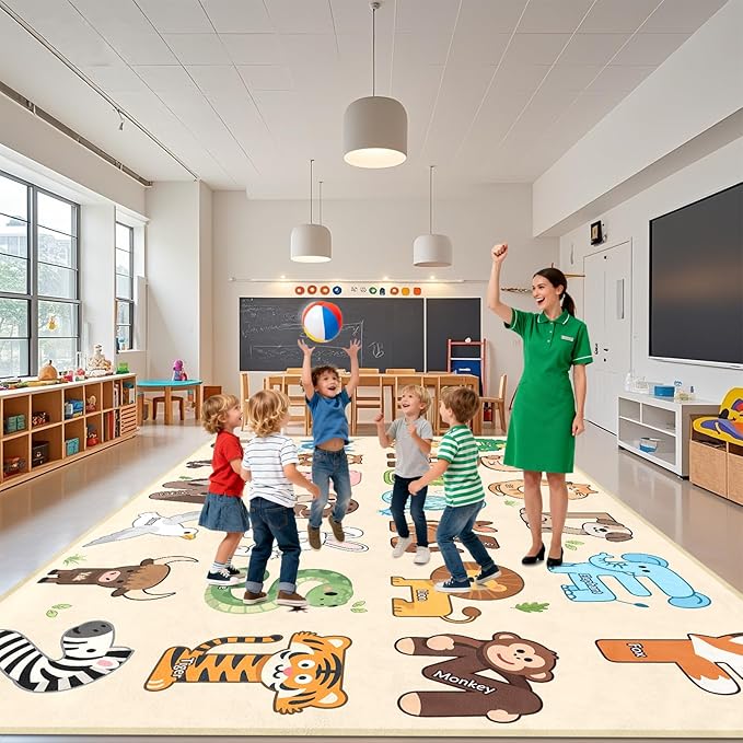 Kids Rugs for Playroom Classroom - 8x10 Feet Large ABC Rugs Kids Preschool Educational Learning Animals, Alphabet Rug for Children Toddler Nursery Kindergarten Decor, Beige