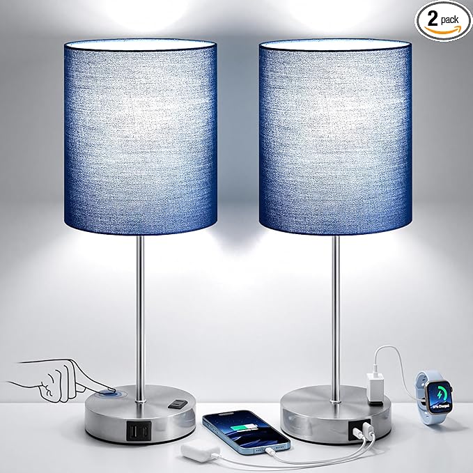 Blue Touch Lamps for Nightstand Set of 2 - Bedside Table Lamp for Bedroom with Dual USB Ports & AC Outlet, 3-Way Dimmable Lamps for Living Room Boys Room, Night Light with 5000K Daylight Bulbs