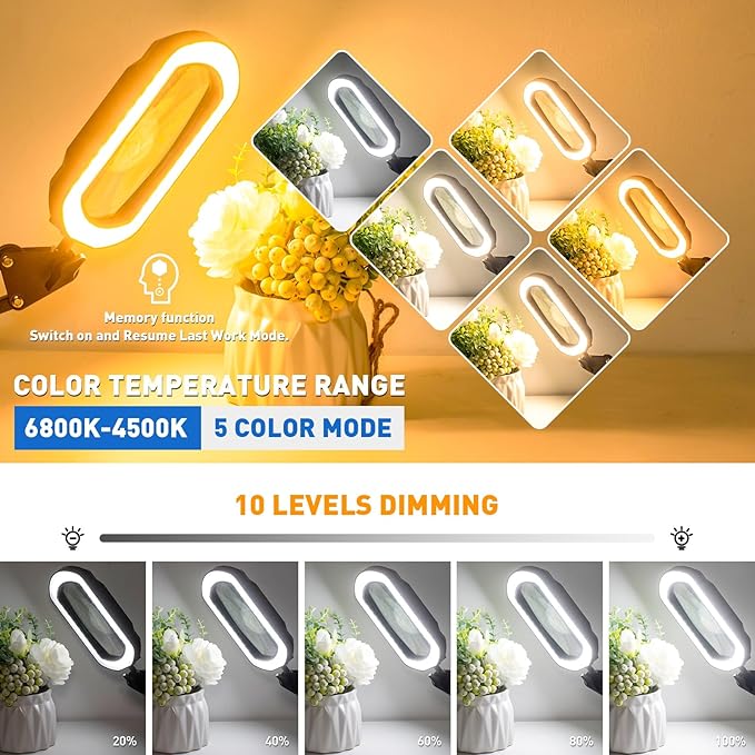 12X Ultra Long 3-Section Swing Arm Lighted Magnifying Glass, NUEYiO 5.3* 3.2" Rectangle Large Magnifier Lamp with Stand, 5 Color Modes LED, 4-way Metal Clip on Workbench Light for Reading Hobby Craft