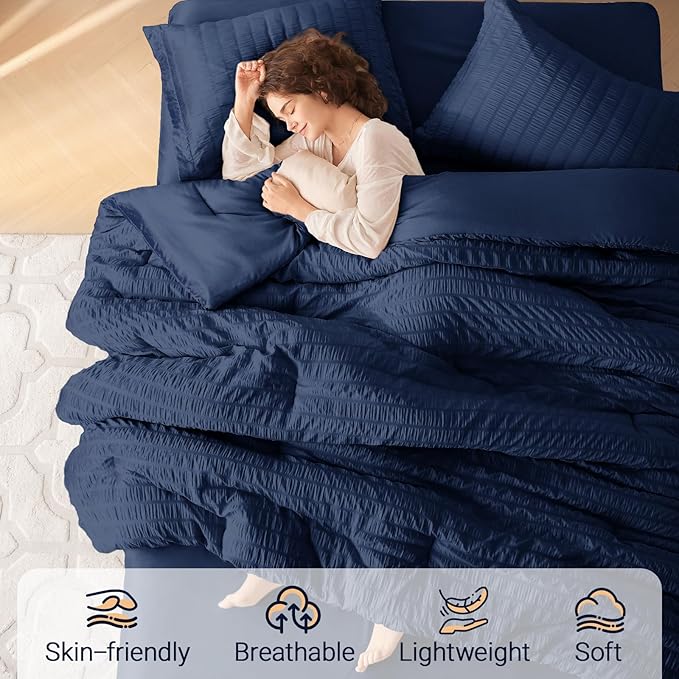 MUXHOMO 7 Pieces California King Comforter Set, Seersucker Bed in a Bag Cal King Size, All Season Luxury Bedding Set with Comforter, Flat Sheet, Fitted Sheet, Pillowcases & Shams, Navy Blue