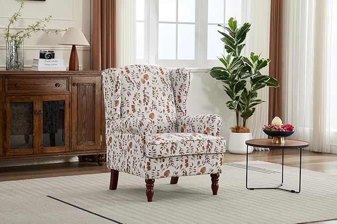 KEIKI Floral Accent Chair for Living Room - Sophisticated Vintage Charm with Classic Wood Legs, Elegant Upholstered Armchair