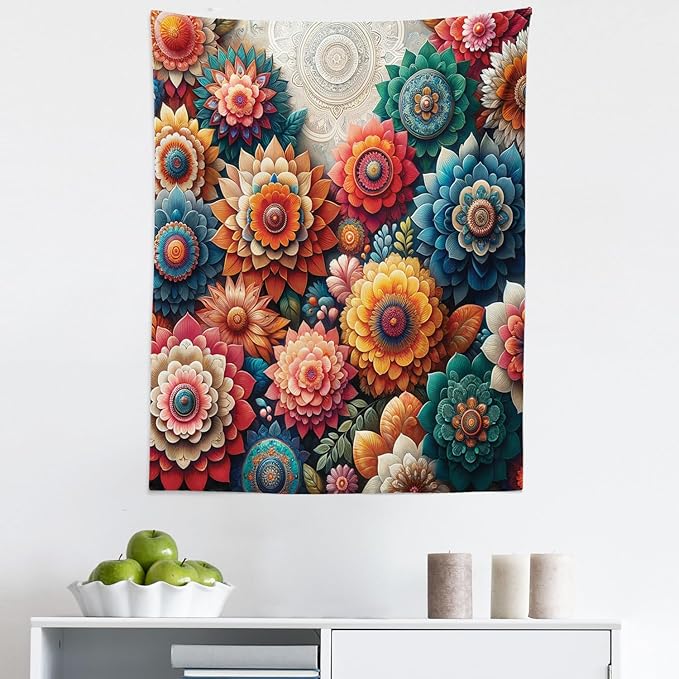Ambesonne Flower Tapestry, Contemporary Wild Floral with Delicate Oriental Feel Petals Boho Hippie, Fabric Wall Hanging Decor for Bedroom Living Room Dorm, 23" X 28", Vermilion Teal Sea Blue