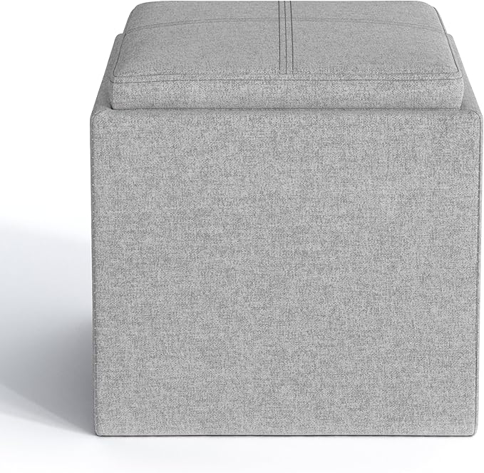 SIMPLIHOME Rockwood Cube Storage Ottoman with Tray - 17 inch Wide Upholstered Linen Look Fabric Square Storage Ottoman in Cloud Grey, Contemporary Cube Ottoman for Living Room with Serving Tray