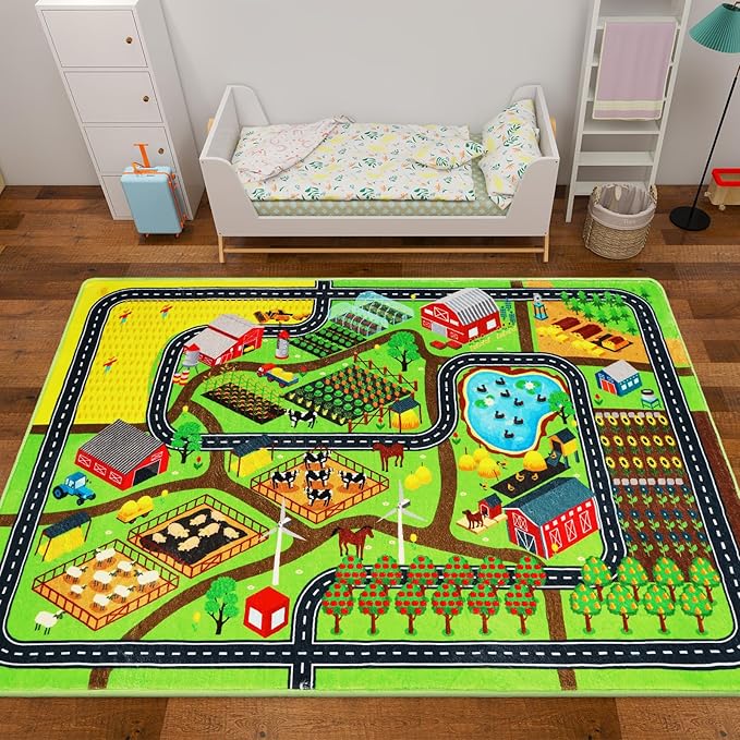 Kids Rug Play Rug for Toy Cars, 39.4"×59" Farm Life Road Traffic for Playroom Kid Car Road Mat Village Map Play Mat Non-Slip Washable Carpet for Toddler Boy Family Tummy Time Playtime