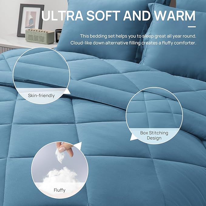 Love's cabin Twin Comforter Set Misty Blue, 5 Pieces Twin Bed in a Bag, All Season Bedding Sets with 1 Comforter, 1 Flat Sheet, 1 Fitted Sheet, 1 Pillowcase and 1 Pillow Sham