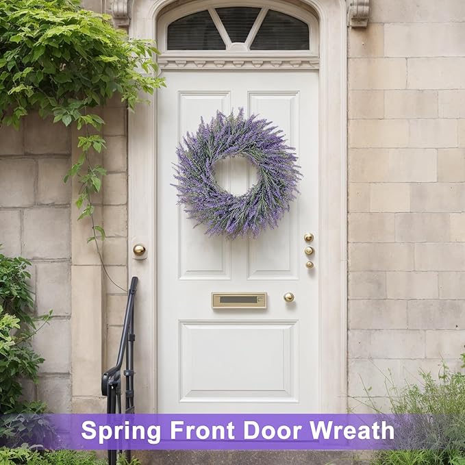 22 Inch Summer Spring Wreaths for Front Door Romance Lavender Wreath, Elegant Artificial Front Door Wreath for All Season Spring Decorations for Home Wall Entryway Farmhouse Porch Room Decor