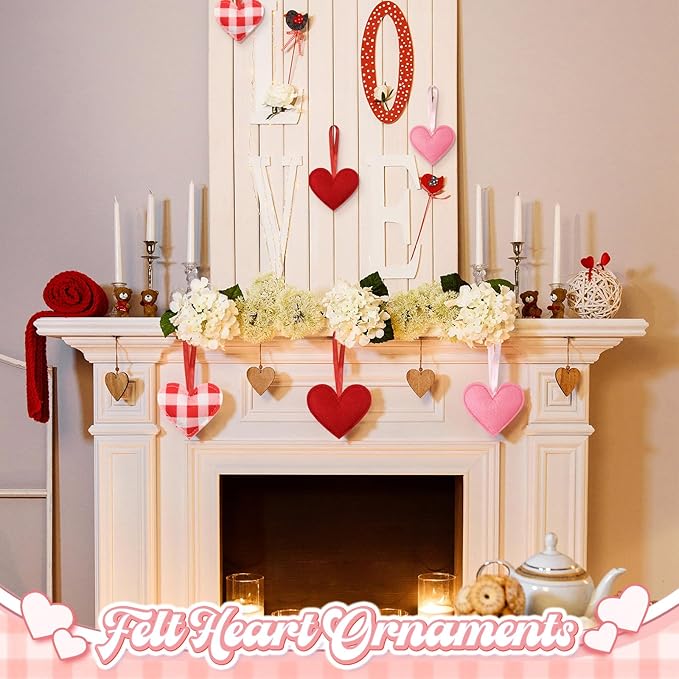 Syhood 12 Pcs Valentine's Day Felt Heart Ornaments Hanging Tree Decor for Wedding, Anniversary, Christmas Party Supplies, Winter Home Decorations(Pink and Red,Elegant Style)