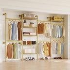 W4 Wall Mounted Clothes Rack, Industrial Pipe Clothing Rack, Garment Rack with 6 Hanging Clothes Rods Double Expandable Rods & 6 Adjustable Shelves, Heavy Duty Corner Wardrobe Racks, Gold