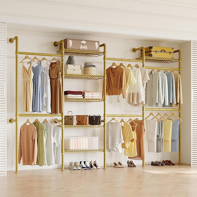 W4 Wall Mounted Clothes Rack, Industrial Pipe Clothing Rack, Garment Rack with 6 Hanging Clothes Rods Double Expandable Rods & 6 Adjustable Shelves, Heavy Duty Corner Wardrobe Racks, Gold