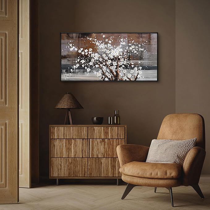 KLAKLA Framed Wall Art - Black Frame Canvas Wall Decor - Flower Picture Artwork for Wall - Large Paintings for Living Room Brown Background Bedroom Office Plum Blossom Art Prints 20x40