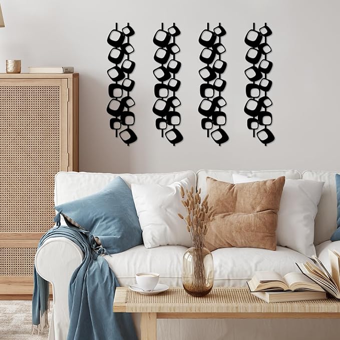 ruelen Mid Century Abstract Metal Wall Art Sculpture - Textured Geometric Decor, Set of 4, 3D Black Vertical and Elegant Design for Living Room, Bedroom, Office, Home (15.7x3.9in)