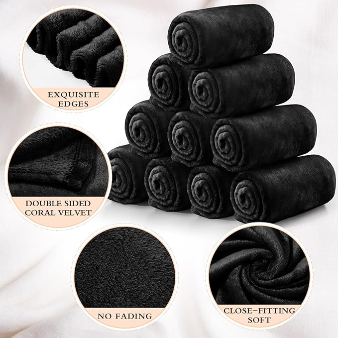 Tinideya 12 Pcs Flannel Fleece Throw Blanket Bulk 50 x 60 Inch Soft Fleece Blanket Warm Throw Blanket Coral Blankets for Couch Sofa Home Wedding Gifts Season (Black)
