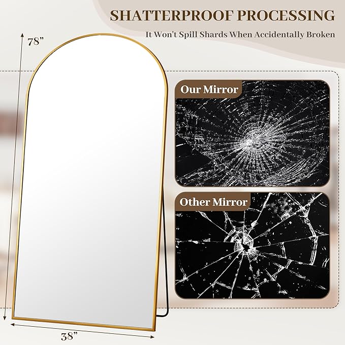 Suidia Arched Full Length Mirror, 78"x38" Floor Mirror Freestanding, Floor Standing Full Body Mirror with Stand for Bedroom, Hanging Leaning Mounted for Living Room Cloakroom, Gold