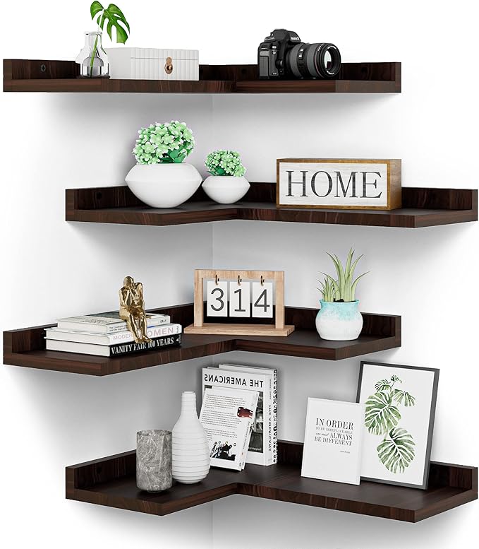 4 Tier Floating Corner Shelves Set of 4, Rustic Pine Wooden Floating Corner Wall Shelf for Wall Décor Storage, L Shaped Corner Shelf Wall Mount for Bedroom, Living Room, Bathroom, Kitchen, Red Brown.