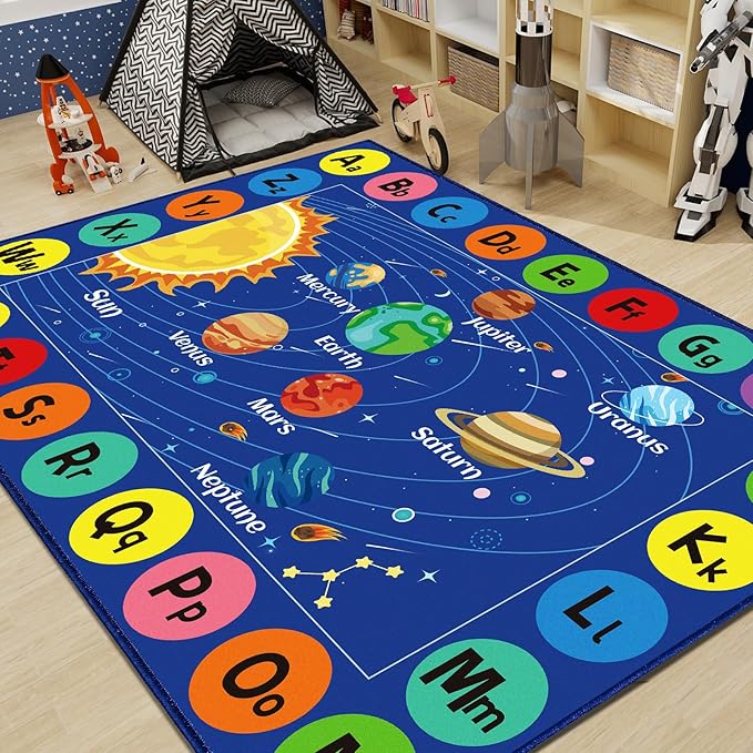 Outer Space Rug for Kids Room, ABC Educational Learning Kids Carpet, Non-Slip Solar System Road Play Play Rug for Kids Bedrooms, Classroom, Nursery Room Decor (Blue, 59X39.4 INCH)