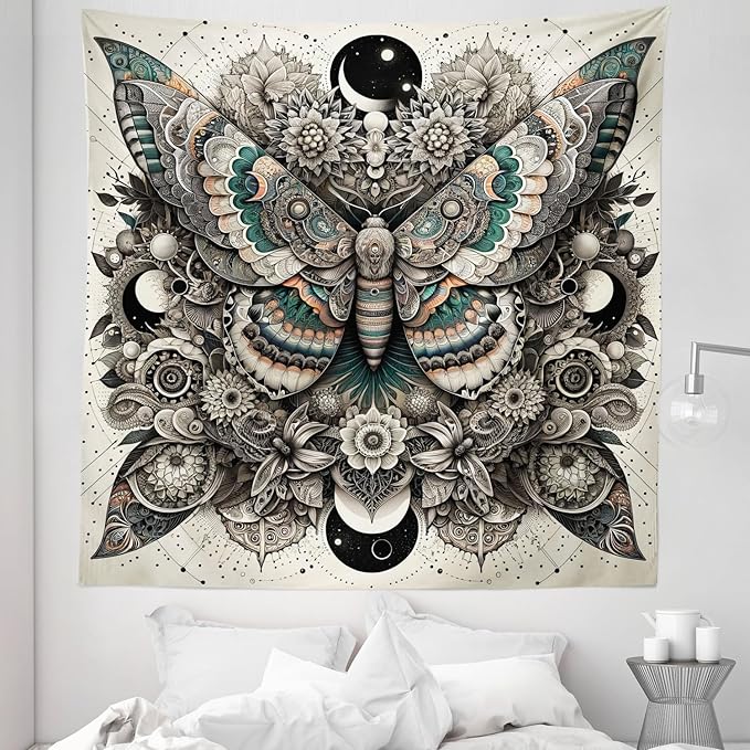 Ambesonne Mandala Tapestry Queen Size, Medieval Esotery Inspired Oriental Moth with Floral Details Witchcore, Wall Hanging Bedspread Bed Cover Wall Decor, 88" X 88", Grey Yellow Green Sepia