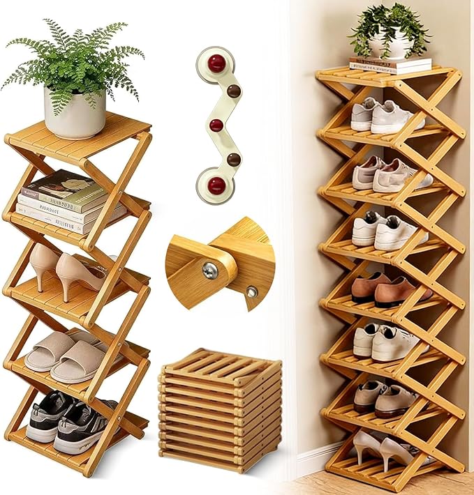 The 9-Tier No-Assembly Bamboo Rack, 2026 Upgraded Foldable 9 Tier Bamboo Corner Shoe Rack, Space-Saving Organizer for Shoes, No Assembly Narrow Shoe Shelf for Entryway Closet Dorm (Yellow, 5 Layers)