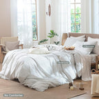 MooMee Striped Duvet Cover Set 100% Washed Cotton Linen Like Textured Breathable Durable Soft Comfy (White Heathered Green Wide Stripes, Full 80"x90")