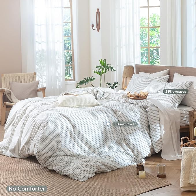 MooMee Striped Duvet Cover Set 100% Washed Cotton Linen Like Textured Breathable Durable Soft Comfy (White Heathered Green Wide Stripes, Oversized Queen 98"x98")