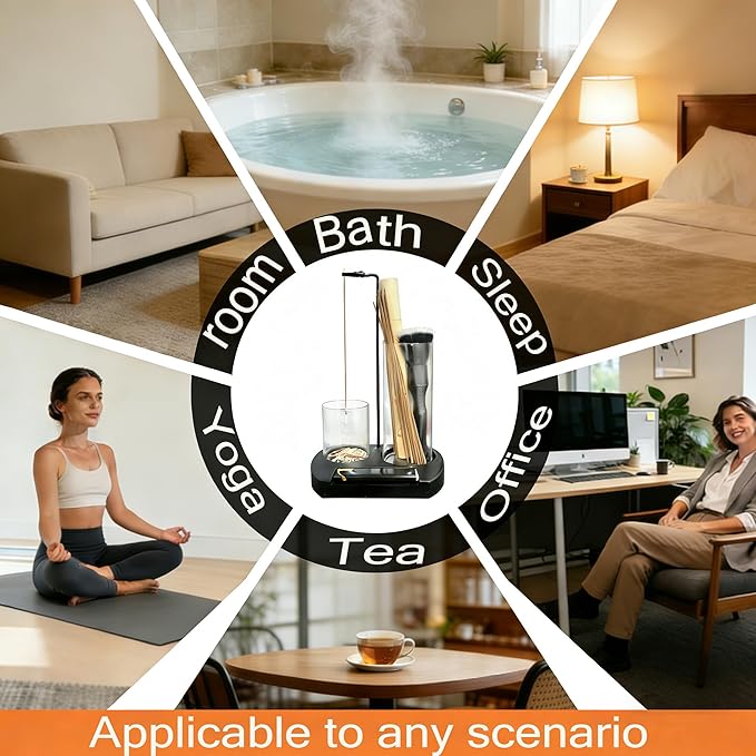 3-in-1 Incense Holder with Ash Catcher and Storage | Upgraded Glass Incense Burner Stick Holder with Lighter Slot & Bonus Cleaning Brush | for Meditation Yoga Spa Office Home Decor - Black