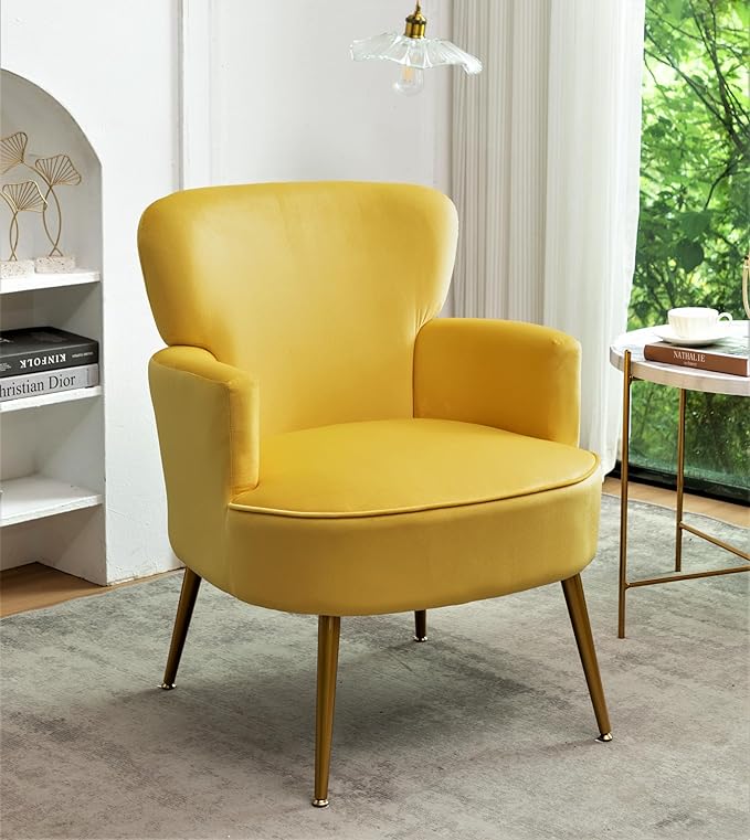 Trendy Velvet Accent Chair with Gold Metal Legs, Upholstered Armchair for Small to Mid-Size Spaces, Modern Living Room, Bedroom, Vanity Desk and Entryway, Yellow