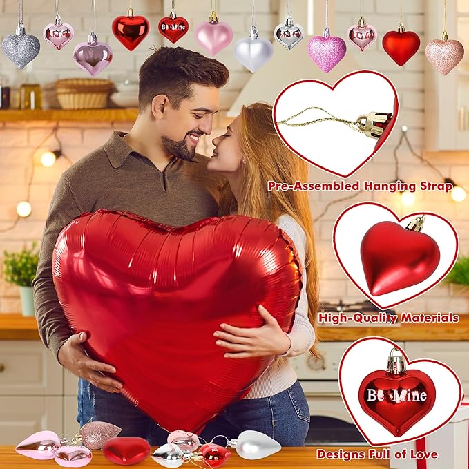 48pcs Valentine Ornaments for Tree, Colorful Heart Shaped Ornaments, Glitter Valentine Tree Decorations, Heart Shaped Hanging Baubles for Valentines Wedding Party Decor