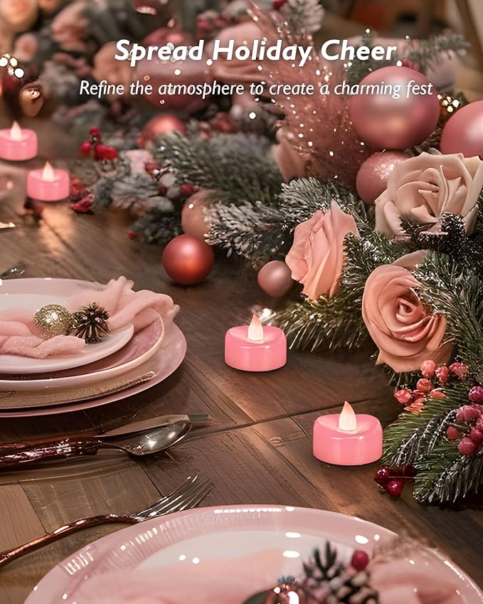 LED Candles, 24 Pack Tea Lights Candle Battery Operated, Flameless Tealight Votives, Realistic Tea Lights for Wedding Home Party Decor -D 1.5" x H 1.25" -Pink Light