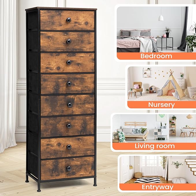 Crestlive Products Tall Dresser, 8-Drawer Fabirc Storage Tower, Chests of Drawers - Vertical Organizer Unit with Handles for Bedroom, Hallway, Entryway, Nursery, Wood Top, Closets (Rustic Brown)