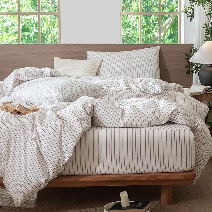 MooMee Striped Duvet Cover Set 100% Washed Cotton Linen Like Textured Breathable Durable Soft Comfy (White Orange Wide Stripes, Super King 108"x98")