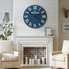 ARTPOWER Large Farmhouse Wall Clock, 24” Shiplap Wall Clock with Roman Numeral, Nearly Non-Ticking, Round Wall Clocks for Living Room Decor, Office, Bedroom, Entrance, Blue