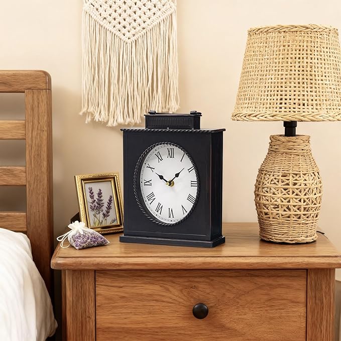 MODE HOME Vintage Mantel Clock, Large Rustic Distressed Metal Table Clock with Handle, Silent Non-Ticking Quartz Movement, Antique Brown Fireplace Shelf Desk Clock for Living Room Bedroom Office