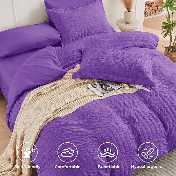 HYMOKEGE Dark Purple King Size Comforter Set Seersucker 7 Pieces, All Season Luxury Bed in a Bag for Bedroom, Bedding Set with Comforter, Sheets, Pillowcases & Shams