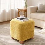 Cube Pouf Ottoman with Wooden Leg,Chenille Fabric Vanity Stool-Upholstered Floor Chair,Square Footstool Pouf with Acacia Wood Frame(500Lbs),Small Coffee Table Ottoman for Living Room