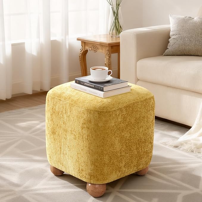 Cube Pouf Ottoman with Wooden Leg,Chenille Fabric Vanity Stool-Upholstered Floor Chair,Square Footstool Pouf with Acacia Wood Frame(500Lbs),Small Coffee Table Ottoman for Living Room
