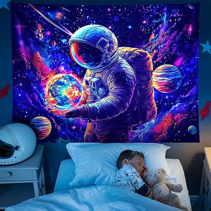NYZE Astronaut Space Tapestry for Bedroom, Glow in the Dark Room Decor Wall Tapestries, Cool Galaxy Planet Wall Hanging, Wall Hanging for Men Guys Gamer Room Dorm Living Room 90in x 70in