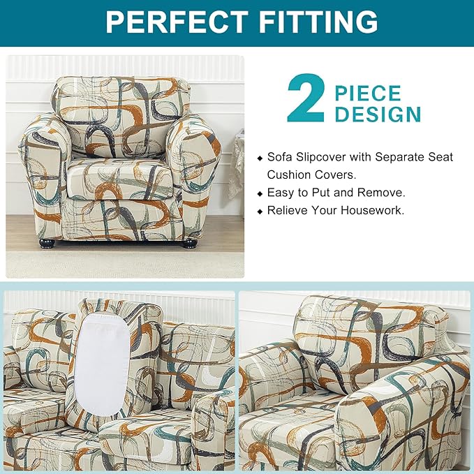 KRFOONN 2 Piece Couch Chair Cover Printed Sofa Covers Couch Covers Stretch Armchair Sofa Couch Slipcovers Furniture Protector with Elastic Bottom for Living Room (Armchair, 52)