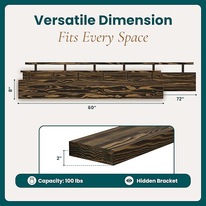 60'' Pine Wood Floating Shelf for Wall - Rustic Wall Mounted Wooden Shelf for Stylish Home Décor, Fireplace Mantel 60inch (Dark Brown, 60x8x2) - 1pcs