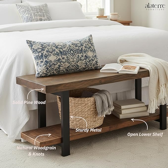 Pomona 48-Inch Entryway Storage Bench with Shelf – Solid Wood and Metal Accent Bench for Shoes, Hallway, Living Room, or Dining Room by Alaterre Furniture (Rustic Natural Finish)