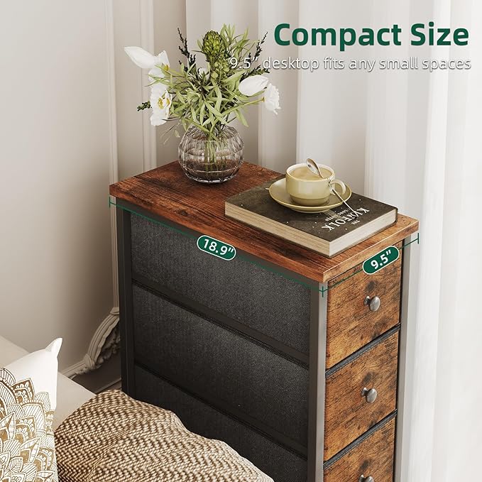 COTUBLR Narrow Dresser, 19" Wide Narrow Nightstand Dresser Storage Tower with 5 Drawers, Slim Fabric Dressers Chest of Drawers for Small Spaces, Wood Top & Fabric Bins for Bedroom Bathroom Closet