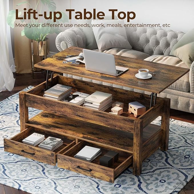 Rolanstar Coffee Table, Lift Top Coffee Table with Drawers and Hidden Compartment, Retro Central Table with Wooden Lift Tabletop, for Living Room,Rustic Brown