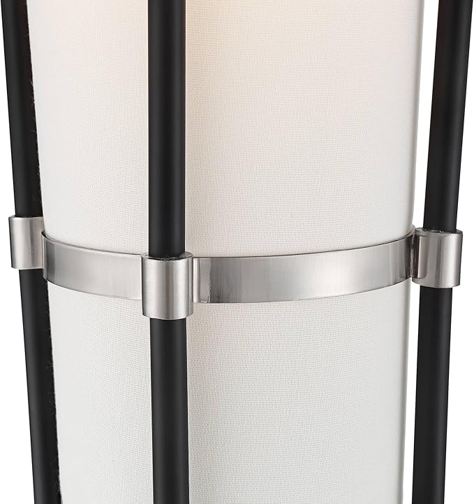 Possini Euro Design Flute Mid Century Modern 64" Tall Floor Lamp Standing with Smart Socket Satin Black Brushed Nickel Metal White Linen Shade for Living Room Family Bedroom Office House